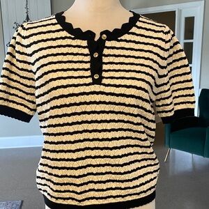 entro Black & Cream Striped Short Sleeve Knit Top